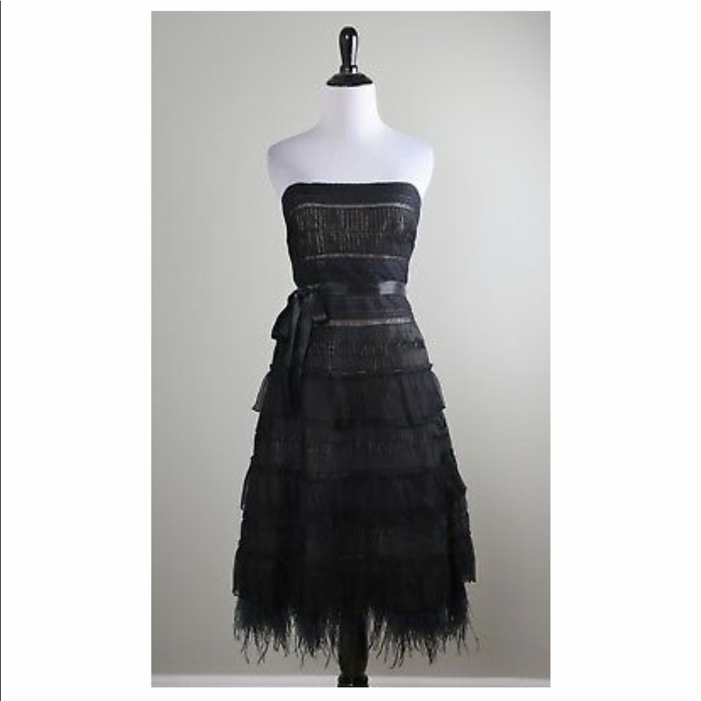 BCBGMAXAZRIA Tiered Strapless Feather-trim Dress